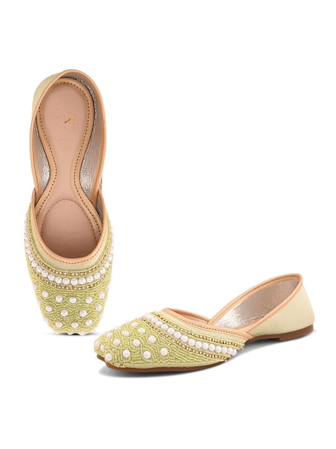 XE Looks Handcrafted Embellished Green Jutti | Traditional Ethnic Punjabi Juttis with Pearl & Beaded Detailing | Elegant Slip-On Footwear for Girl & Women
