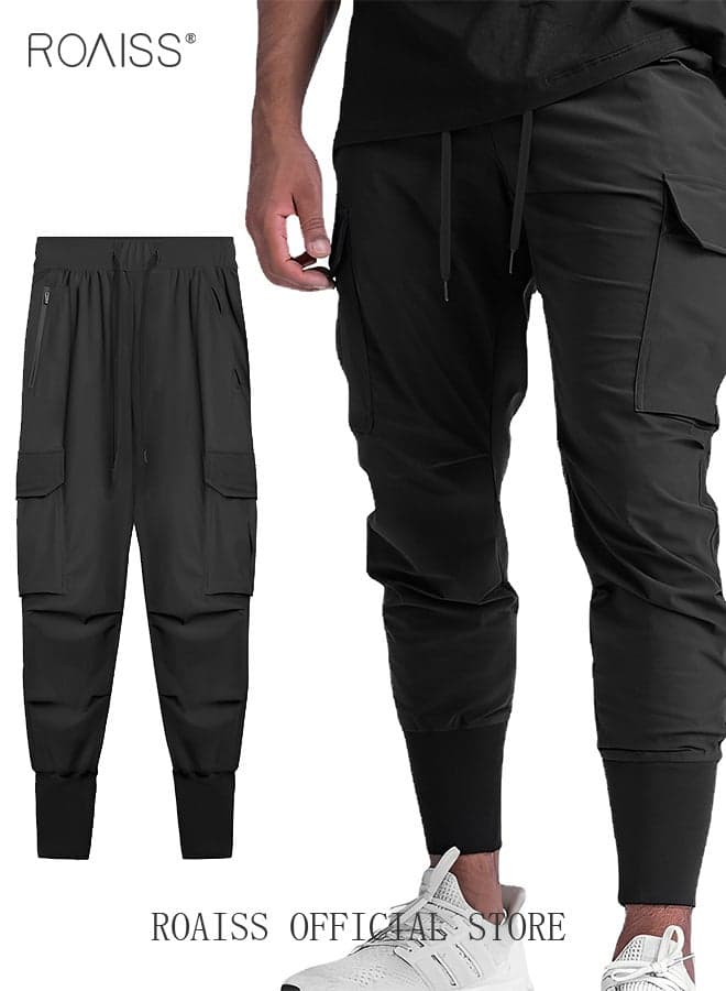 Men's Casual Trousers European Style Trend Quick-Drying Drawstring Pants Multi-pocket for Men Sports Trousers Spring and Autumn Cropped Pants Solid Color Black