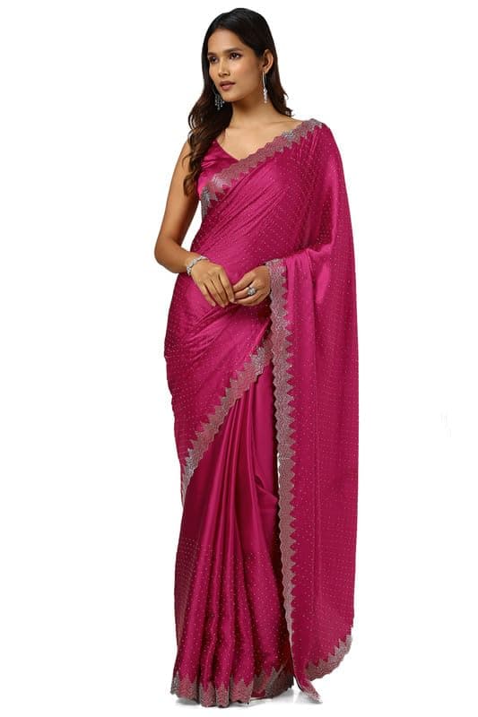 Soch Womens Fuchsia Satin Saree With Stone Work