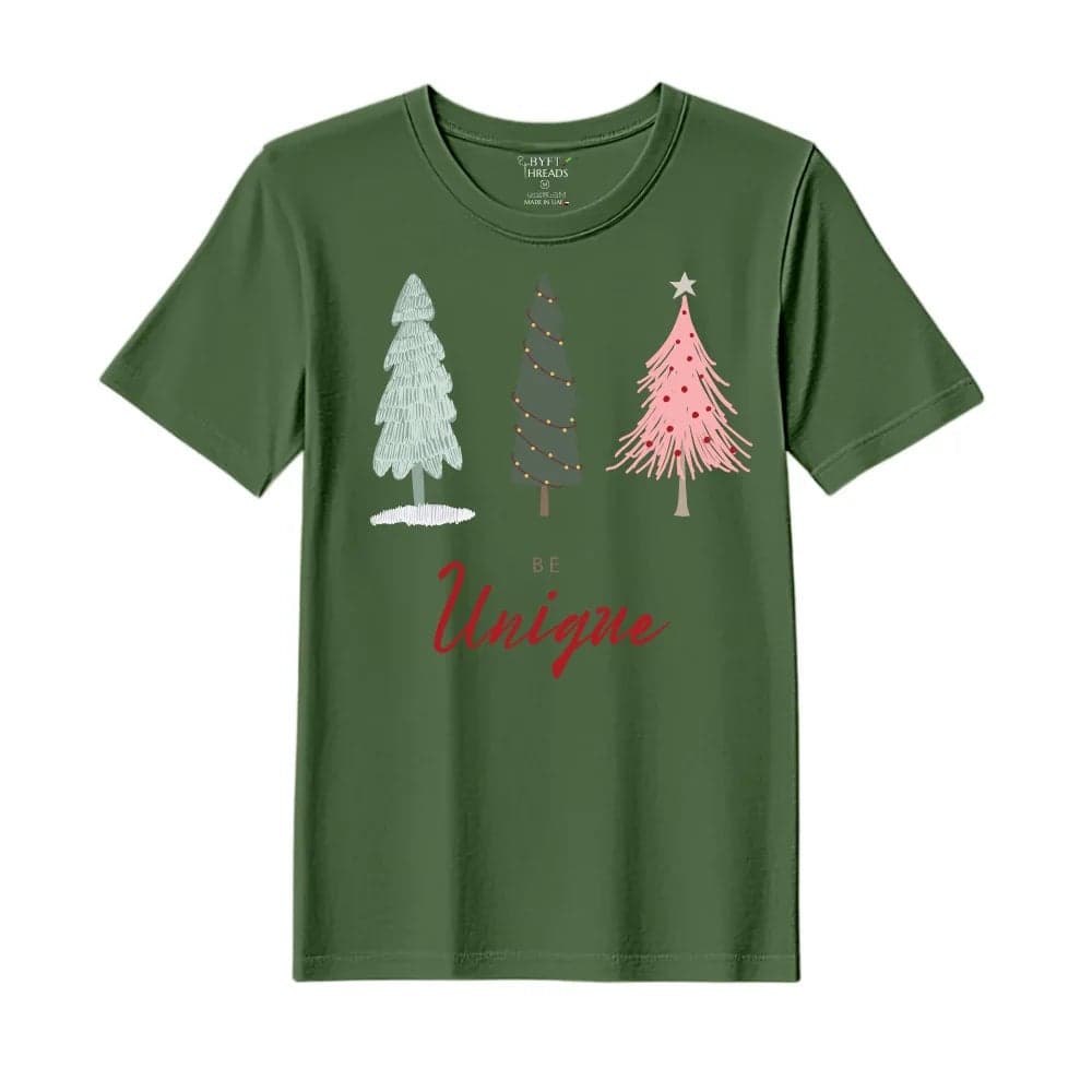 BYFT Threads Medium Forest ELF Green Polycotton T-Shirt - Christmas "Be Unique" Printed Design, Premium Holiday Collection