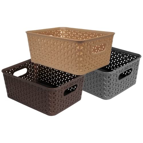 HomeStrap Set Of 3 Plastic Storage Organizers/Baskets For Kitchen, Clothes, Multipurpose Vegetables, Toys, Books, Office, Stationery, Wardrobe(Small| Biscuit, Grey, Brown)