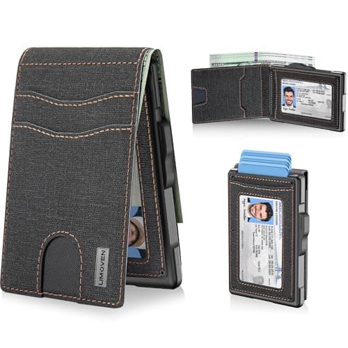 umoven Wallet for Men - Pop Up Case, Cash Slot, and Credit Card Slot - Slim Aluminum Wallet with RFID Blocking, Minimalist Leather Wallet Front Pocket with ID Window (Denim)