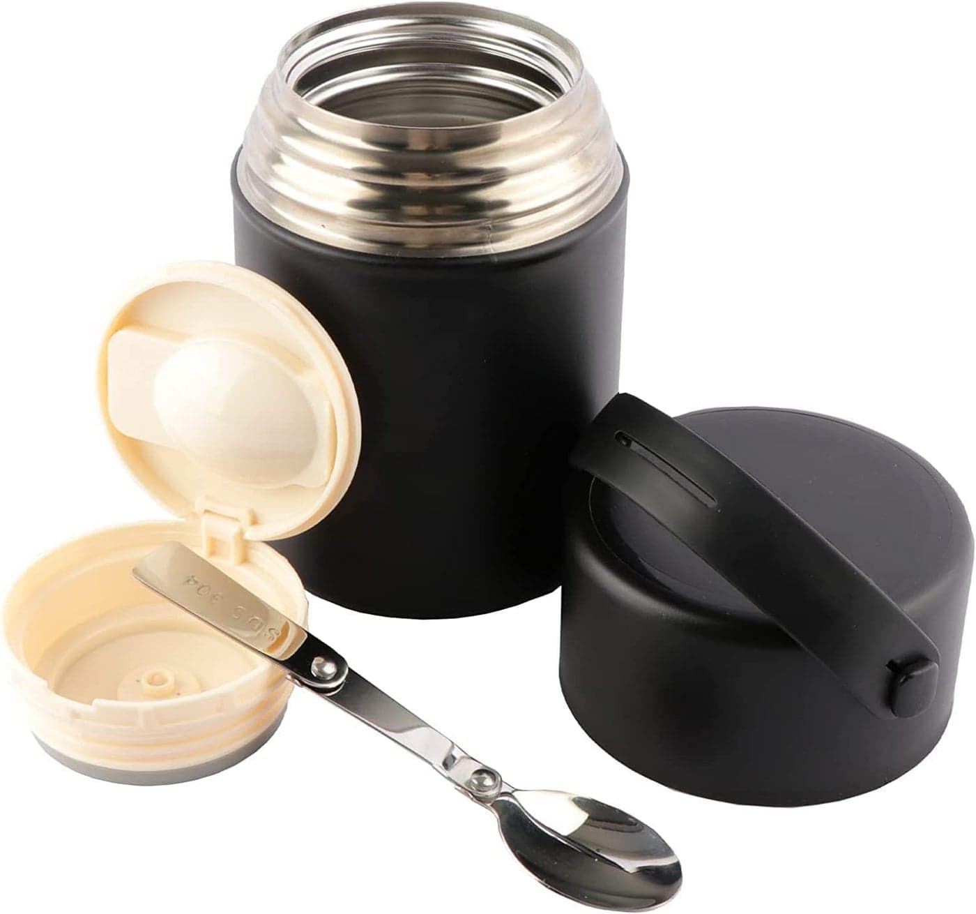 28 Oz Food Thermos, Vacuum Insulated Soup Container, Stainless Steel Lunch Box for Adult, Leak Proof Food Jar, with Folding Spoon, BPA Free, Easy to Clean, for Hot or Cold Food, Black