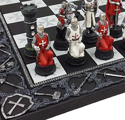 Medieval Times Crusades Red and White Armored Maltese Knights Chess Set with 17 Board
