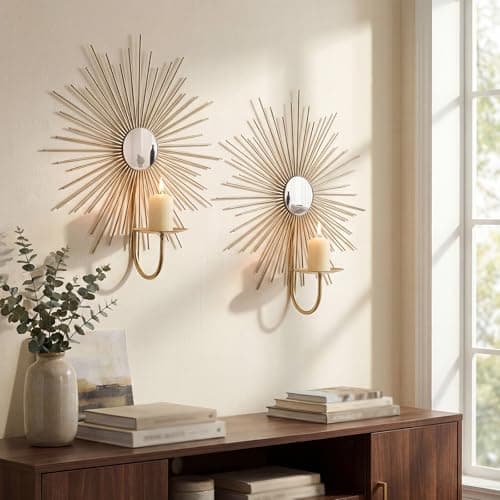 Sxnzequnze 2 Set Candle Sconces Wall Decor for Living Room Metal Sunburst Mirrored Modern Gold Wall-Mounted Candle Holder Sconces Hanging Mounted Fireplace Farmhouse Wedding