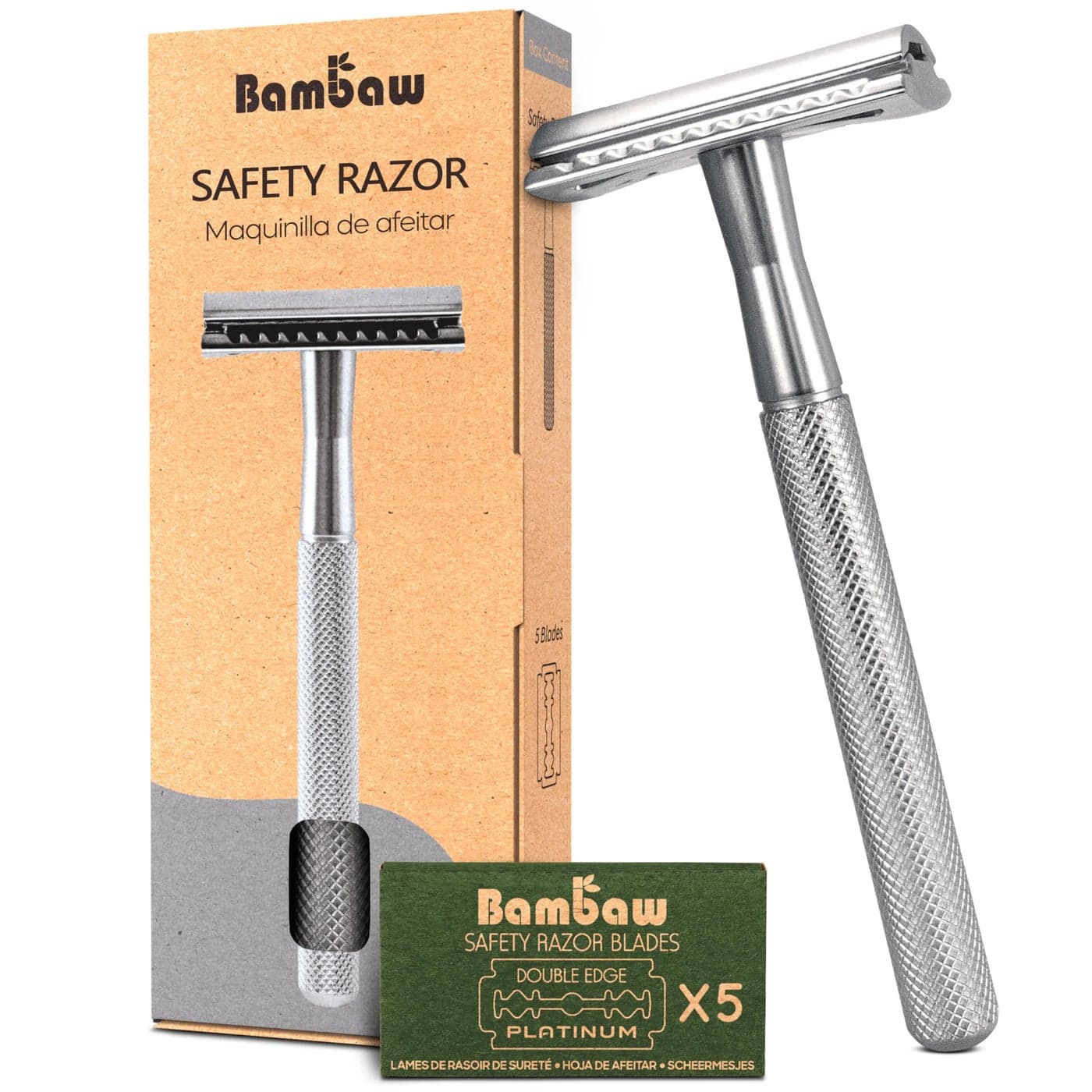 Bambaw Double Edge Safety Razor for Men Women Metal Razor with 5 Double Edge Safety Razor Blades EcoFriendly Razor Silver