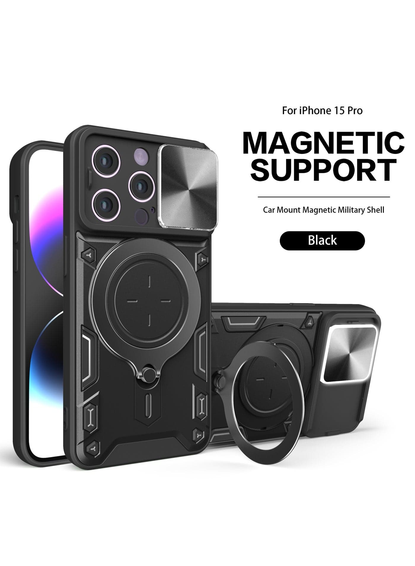 Case Cover For Apple iPhone 15 Pro Black Mobile Phone, Slide Camera Lens Cover, 360°Rotating Kickstand Ring, Bumper Shockproof Phone Case,Compatible with Car Magnetic Mount