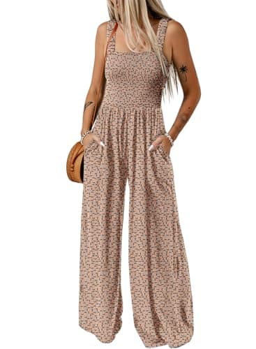 Dokotoo Womens Plus Size Khaki Jumpsuits for Women Overalls Loose Casual Wide Leg One Piece Sleeveless Printed Jumpsuit Long Pant Rompers with Pockets 2025 Fashion XLarge