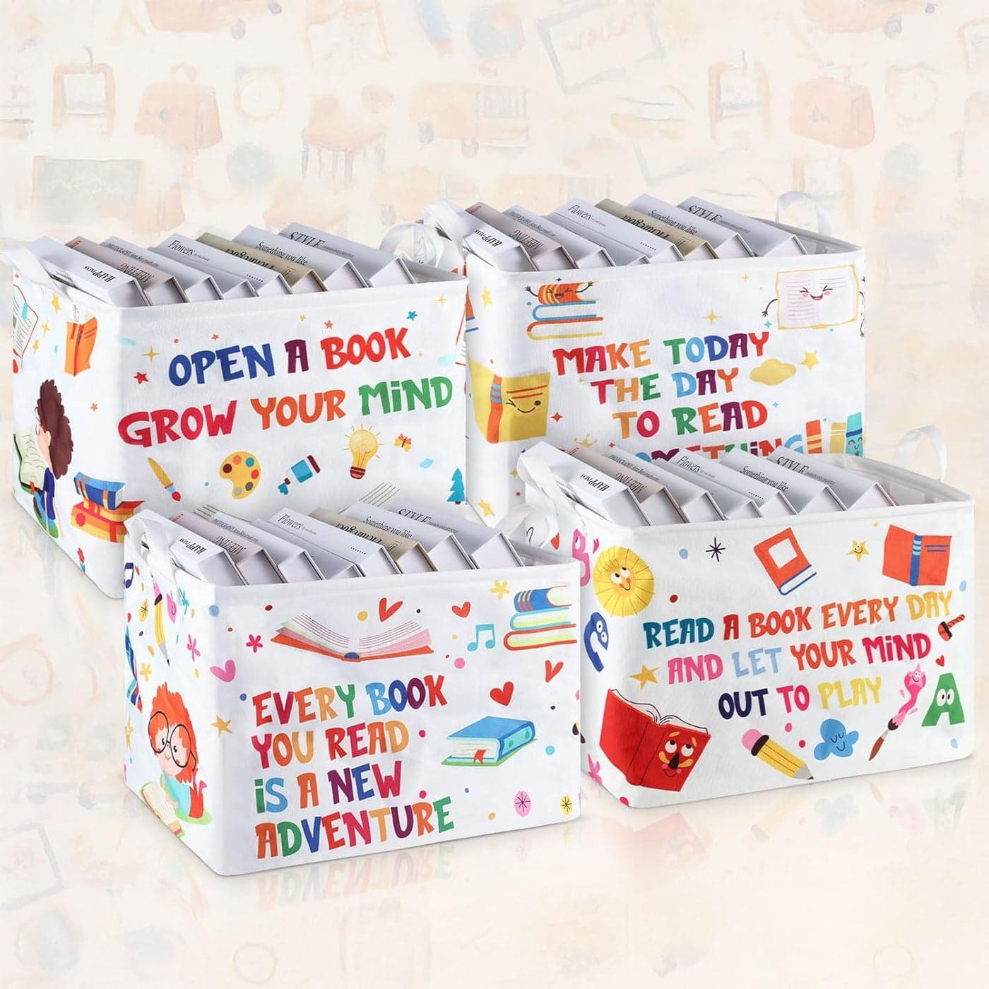 Domensi 4 Pcs Back to School Collapsible Book Bins Reading Book Basket 157 x 118 x 118 Inches Cartoon Kids Books Bin Storage for Classroom Library Nursery Room Rectangle Storage Bin Bedroom Toy