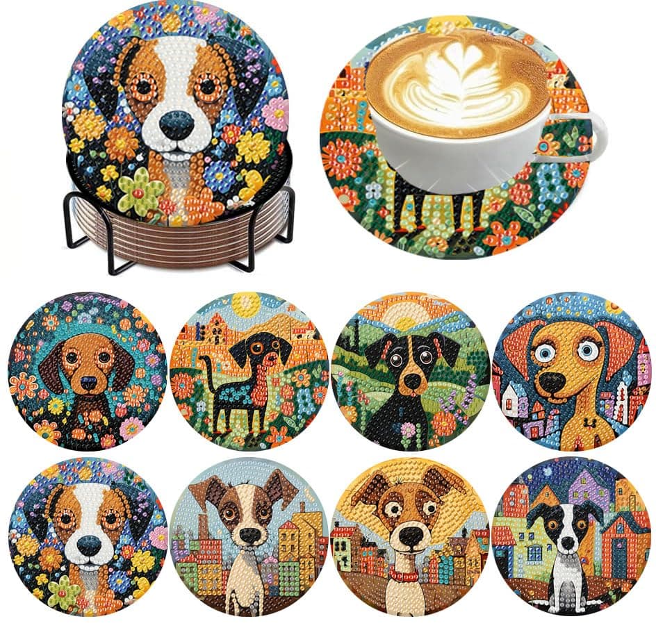 ijbnhd 8 PCS Dog Diamond Art Coasters Diamond Painting Coasters Kits with Holder Dog DIY for Beginners Adults Art Crafts Supplies 4x4 inch Cork Wooden Pad
