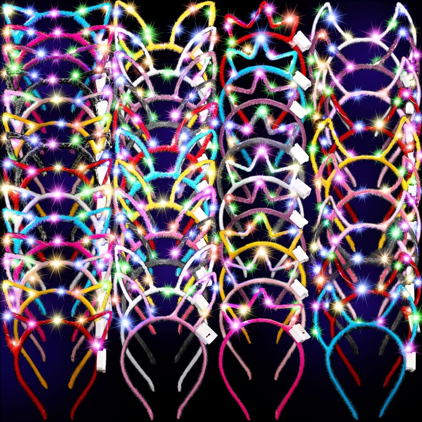 Janinka 64 Pcs Led Cat Ears Headband Bulk Light up Rave Hair Accessories Cute Rabbit Ear Crown Glow in the Dark Party Supplies for Women Kids Adults Night Clubs Concert Birthday Halloween