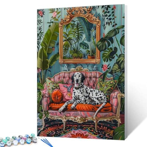 Aihonmin Dalmatian Family Dog Paint by Numbers Kits ChildrenBohemia Paint by Numbers Pink Sofa Painting Jungle Arts Craft on Canvas Unique Gift Art Crafts for Home Without Framed 16W x 20H