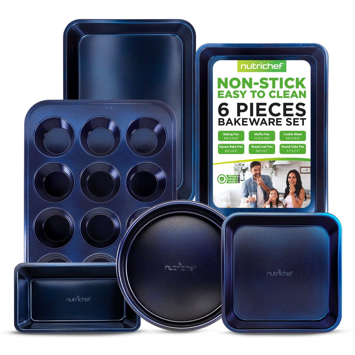 NutriChef 6Piece NonStick Baking Pans Carbon Steel Baking Trays with Nonstick Coating Includes Muffin Pan Loaf Pan Cookie Sheets Round Pan Restaurant Quality Baking Set Dishwasher Safe