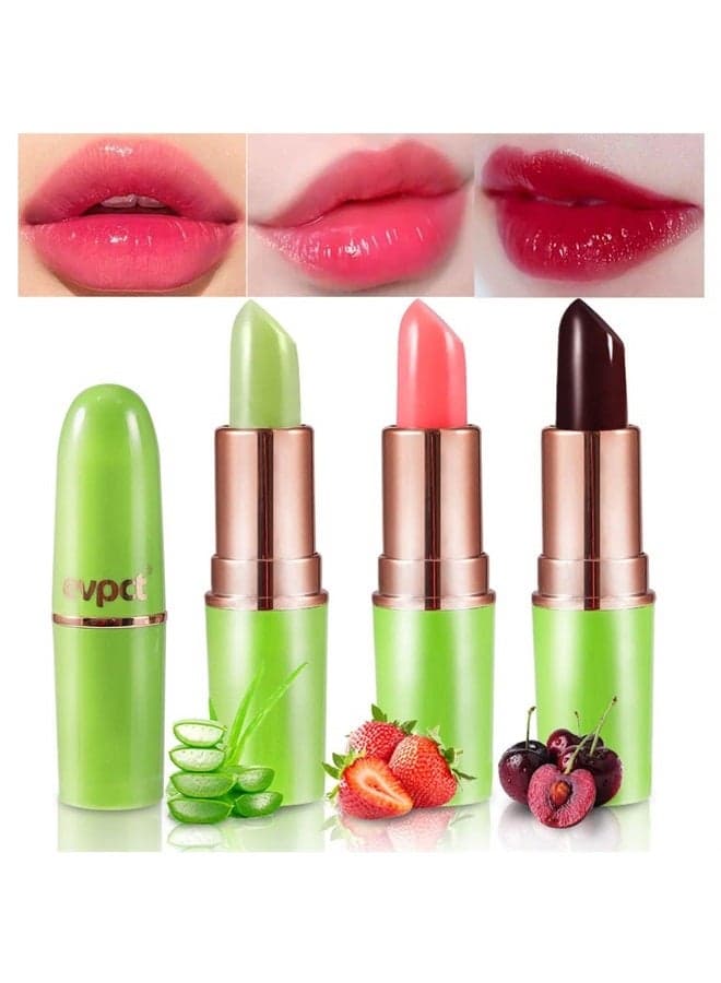 3Pcs Aloe Vera Strawberry Black Red Cherry Lip Color Changing Lipstick Tinted Lip Balm Set Magic PH Color Change Changing Jelly Lipstick Women labiales labial magicos mate 24 horas originales