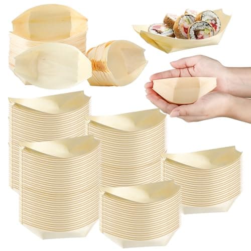 Hoolerry 500 Pcs Disposable Wood Boat Plates Dishes 4 Inches Bamboo Plates Sushi Boat Disposable Bamboo Leaf Dish Serving Tray Food Container Wood Bowl For Catering Home