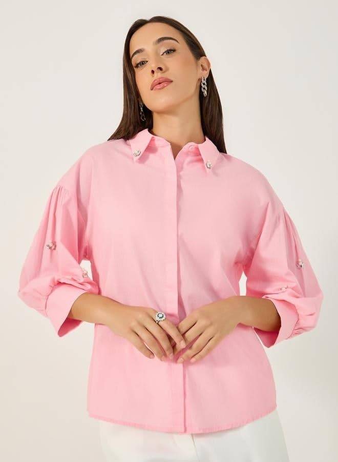 Styli Embellished Spread Collar Balloon Sleeve Shirt — S