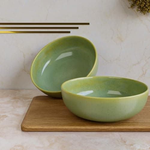 The Earth Store Olive Green Ceramic Serving Bowl | Ideal for Serving Soup, Salad, Snacks, Pasta, Noodle | Bowl for Serving | Dishwasher Safe Bowl | Set of 2, 600 ML