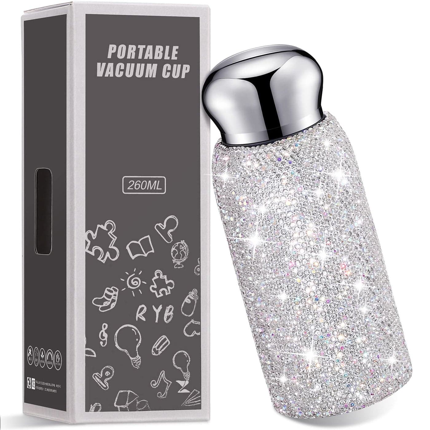Vesici Rhinestone Water Bottle Bling Diamond Water Bottle for Women Stainless Steel Thermal Cup Glitter Refillable Insulated Cup for Women Gifts 260 mlWhite