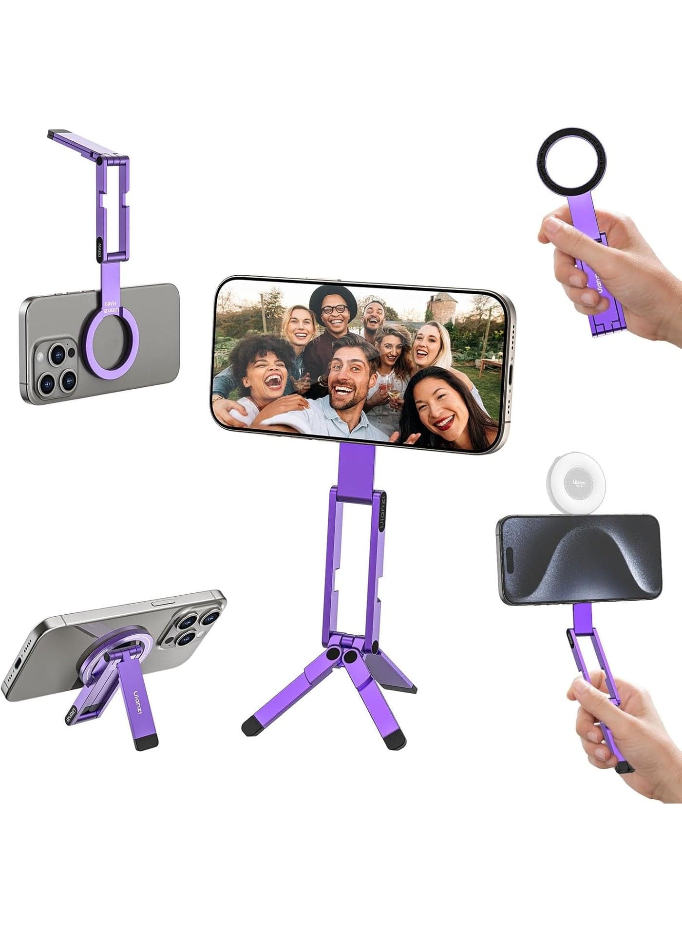 ULANZI MA60 Magnetic Phone Tripod Stand for iPhone - Aluminium Smartphone Mini Tripod Pocket Cell Phone Stand Strong Magnet Quick Mount Compatible with iPhone17 16 15 14 13 14 Series, Purple