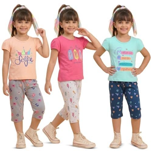 MI Kidz Baby Girl Pure Cotton Printed Top & Capri Set | Summer Clothing Set | Coordinated Outfit | Dress | Casual And Regular Fit Tshirt And Pants For | 3 Combo Clothing Set, Assorted, 3-4 Years