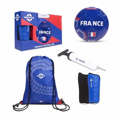 Nivia Football Combo Pack of 4, 1 PVC Football, 1 Pair Shin Guard, 1 Ball Pump, 1 Carry Bag, for Kids & Adults, Size-5 (France)