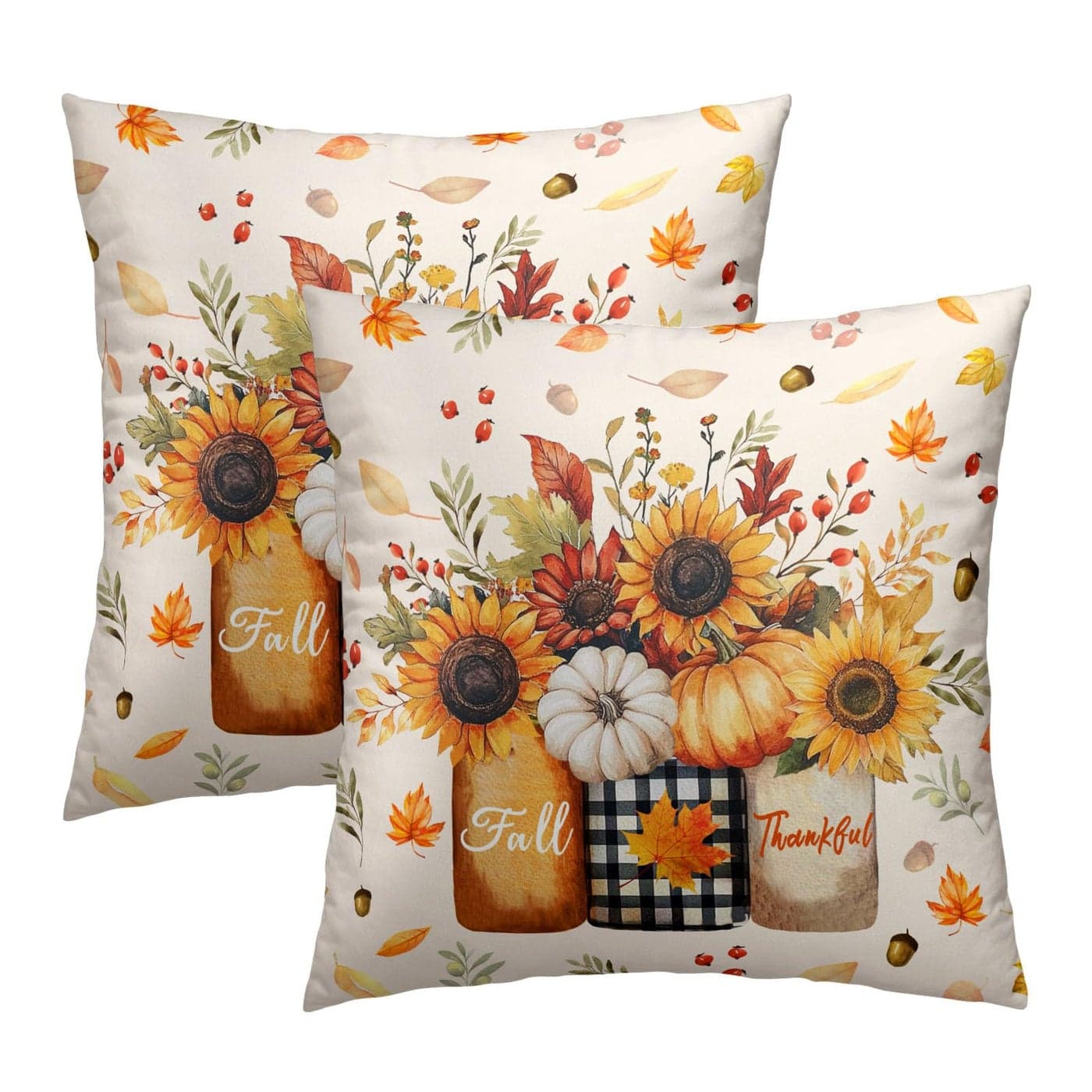 Autumn Sunflowers Vase Throw Pillow Covers 18X18 Inches Set of 2 Fall Thankful Pumpkin Maple Leaves Pillowcase Soft Cotton Square Cushion Covers for Home Sofa Patio Bedroom Decoration