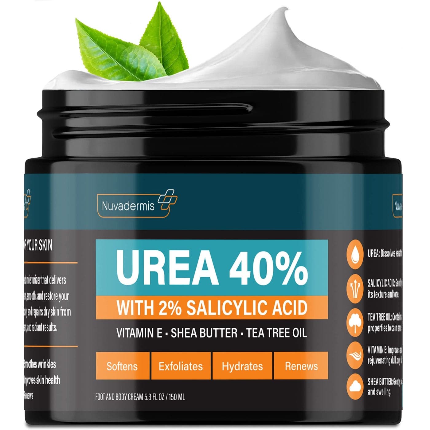 NUVADERMIS Urea Cream 40 Percent for Feet 40 Urea Foot Repair Lotion Maximum Strength For Dry Cracked Heels 2 Salicylic Acid Shea Butter Tea Tree Oil Vitamin E 529 oz Jar