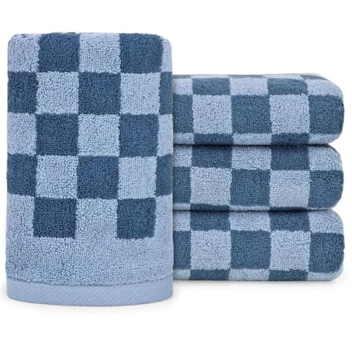 Jacquotha Bathroom Hand Towels Set of 4 Checkered Towels for Bathroom Face Hair Kitchen Luxurious Cotton Soft and Fluffy 13x29 Inches Blue Men Women
