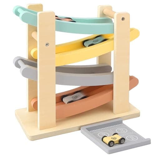 Joyreal Montessori Toddler Toys for 1 2 Year Old 4 Level AllWooden Car Ramp Racer Toys with 4 Mini Cars Garages Christmas Birthday Gifts for 13 Year Old Boys and Girls