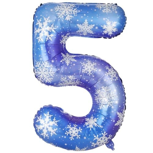 Lunmon 40 Inch Blue Snowflake Balloon Number Birthday Balloons Decorations for Girls Birthday Snowflake Themed Party Supplies Winter Party DecorationsNumber 5