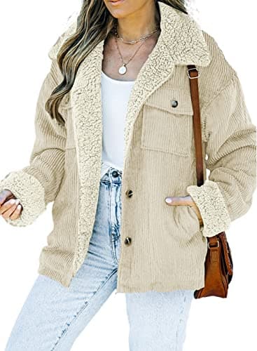 Dokotoo 2025 Fashion Winter Clothing for Women Trucker Shacket Jacket for Women Thick Sherpa Lined Fleece Fur Collar Button Down Long sleeve Outwear Fall Warm Coat with Pocket Apricot Medium