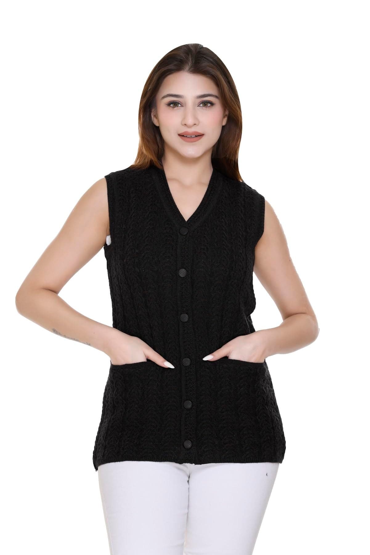 aarbee Self Design Sleeveless V Neck Woollen Cardigan for Women with Front Pockets (X-Large, Black)