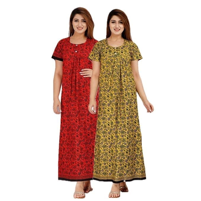 YUKATA Nighty for Women Cotton Printed Maxi Gown Ankle Length Nighty Night Dress Gown for Women Maxi - Free Size (Pack of 2) (Free Size, Red&Musterd)