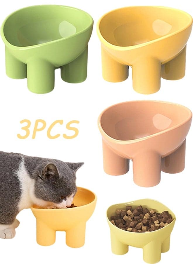 Set of 3 Non-Slip Elevated Cat Bowls, Multi-Purpose Pet Food & Water Feeding Bowls with Tilted Stand, in Green, Pink & Yellow