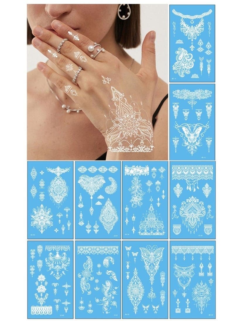 10 Sheets (120 pcs) Henna Tattoo Stickers Kit for Hands,Bridal Mehndi, Wedding, Bachelorette Party, Festival (Elegant Floral Lace Designs)