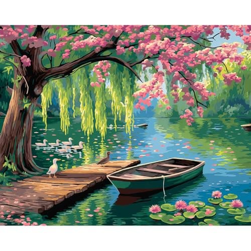 Natuyalo Paint by Numbers for Adults DIY Adult Paint by Number Kits Painting on Canvas Willow Spring Landscape Painting by Numbers for Beginners Lakeside Art Craft Kits for Adults 16x20 Inch