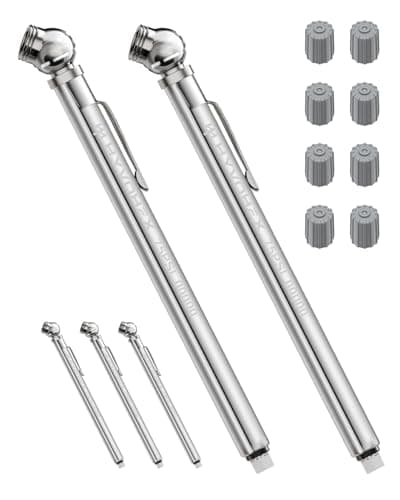 Pencil Tire Pressure Gauge 2 Pack with Valve Caps Stainless Steel Body Tire Gauges for Tire Pressure with Deflator Valve Metal Nozzle Tire Gauge for Cars Pickups RVs Bicycles