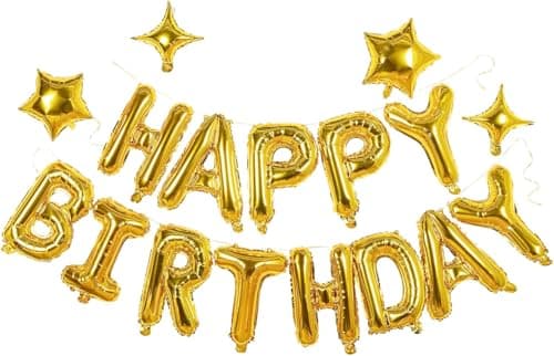 Gold Happy Birthday Banner Balloon Aluminum Foil 16 Inch Letter10 Inch Five Pointed Star Four Pointed Star Suitable for Kids Men Women Boys and Girls Party Decoration Supplies