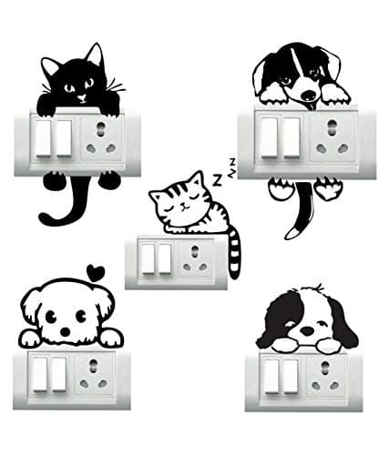Byte Shop Decorative small switch penal/board Decor wall sticker of hanging cute dog and cat on swith penal cute puppy and dog face and sleeping cat decal self adhesive (pvc vinyl Multicolour), Animal