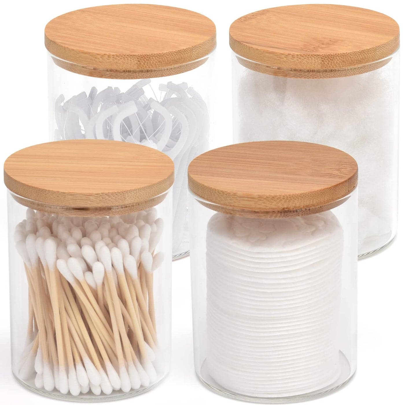 BKYFPQ 4 Pack Glass Qtip Holder Dispenser Set Apothecary Jars with Lids for Vanity Makeup Organizer Bathroom Canister Storage Organizer for Cotton BallSwabRound PadsFloss