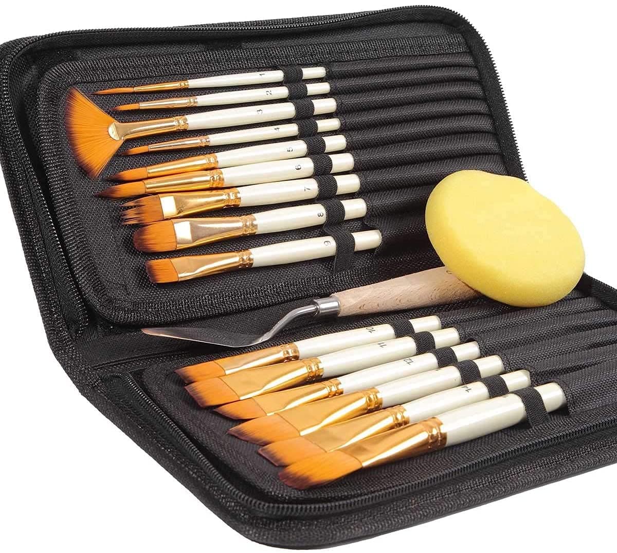 URBAN BOX Artist Paint Brush Set 15pcs Includes Popup Carrying Case with Painting Knife and 1 Sponge for Acrylic Oil Paint by NumbersWood