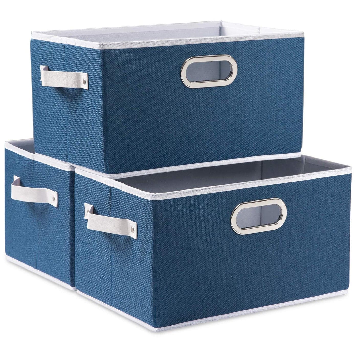 PRANDOM Fodable Storage Bins for Closet 3Pack Decorative Fabric Storage Baskets Cubes with LeatherMetal Handles for Shelves Bedroom Living Room Royal Blue 115x85x67 Inch