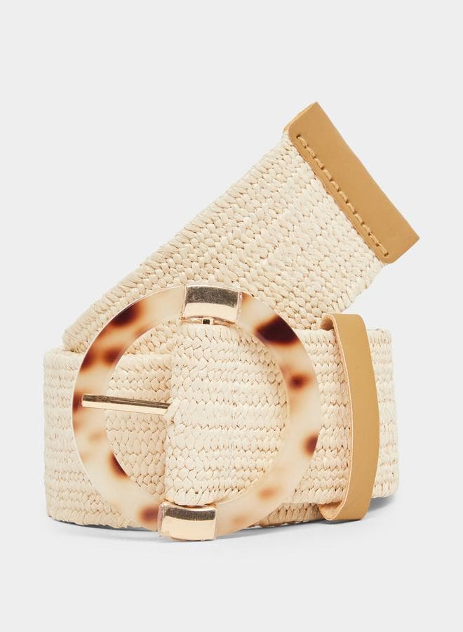 Beige Raffia Belt with Resin Buckle