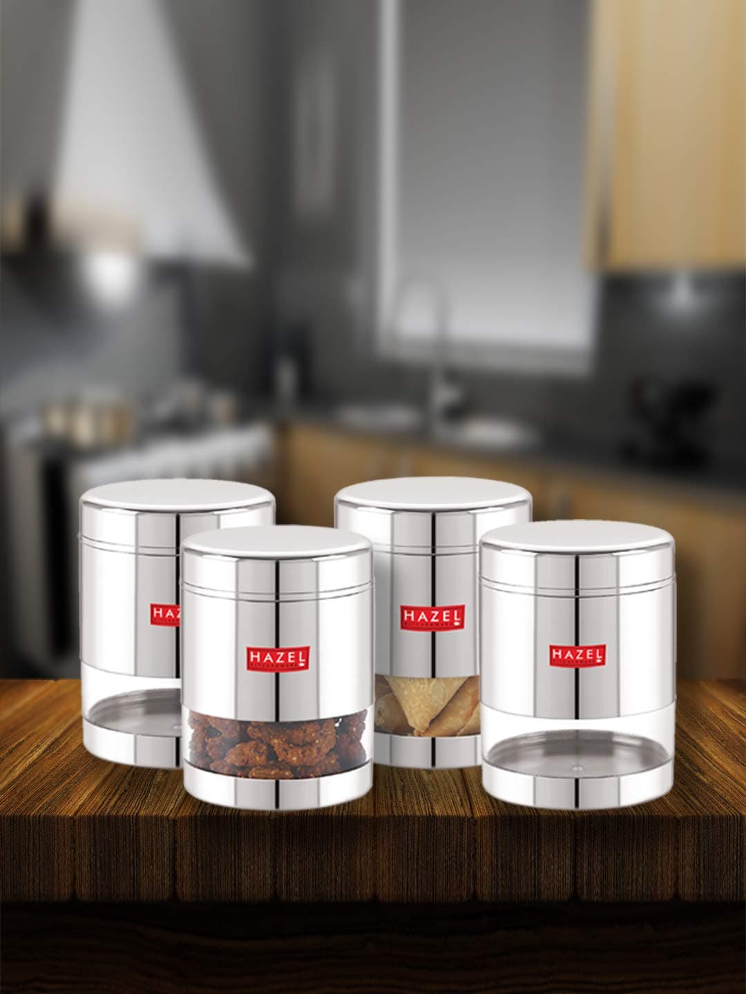 HAZEL Stainless Steel Containers Set For Kitchen Storage Glossy Finish Transparent See Through Storage Jars Dabba, Set of 4, 800 ML Each, Silver