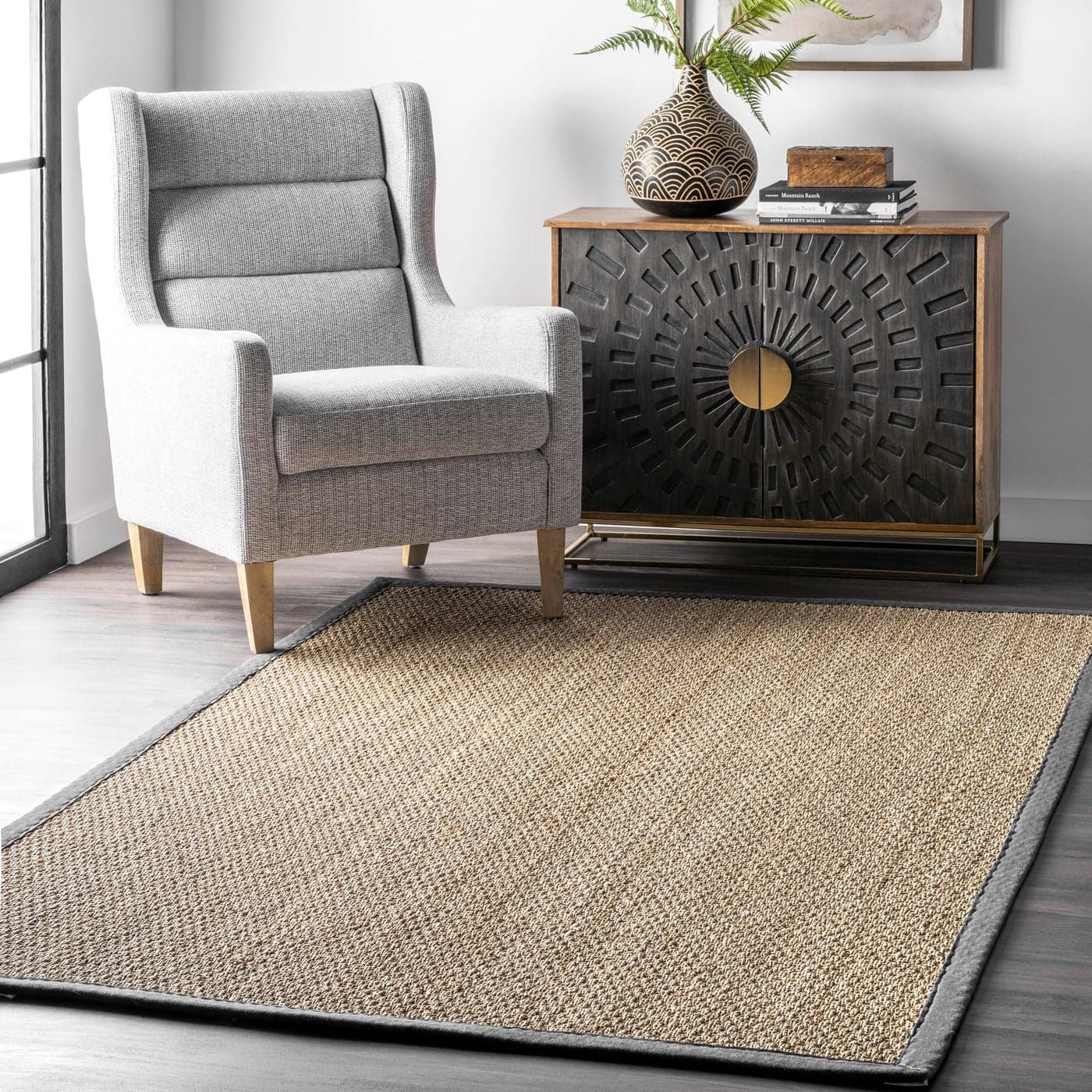 nuLOOM 5x8 Elijah Seagrass Area Rug Dark Grey Solid Farmhouse Style Cotton Bordered Basketweave Natural Fiber For Bedroom Dining Room Living Room Hallway Office Kitchen Entryway