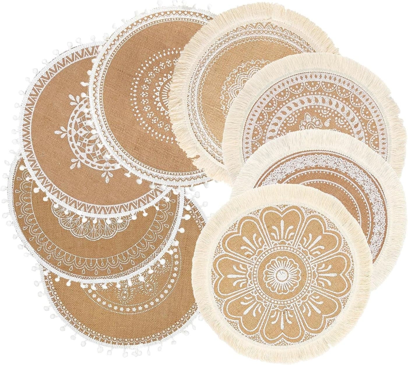 Round Placemats Set of 8 Dining Winter Modern Dinner Braided Beige Boho Round Table and Fall Circle Placemats Boho Tssels Runner Kitchen Table Plate Mats Set of 8 White 8