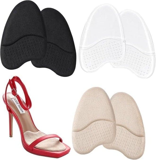 Metatarsal Pads for Women, Anti Sliding Foot Pads for Open Toe Shoes, Forefoot Pads for Women, Ball of Foot Cushions, Shoe Pads High Heel Cushion Inserts Women 3 Pair, Black+apricot+transparent