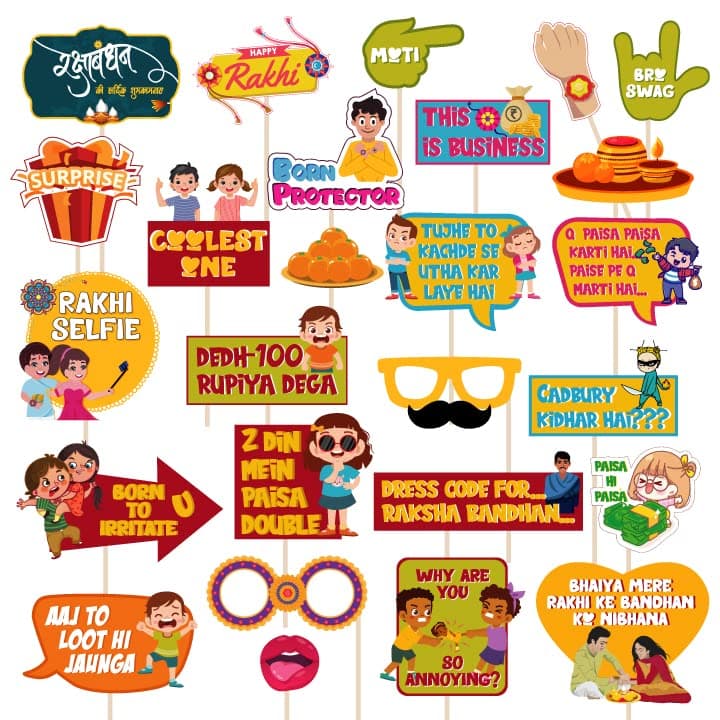 Festiko® Happy Raksha Bandhan 26 Pcs Photobooth Props, Hanging Decoration Supplies, Rakhi Celebration Decoration Supplies