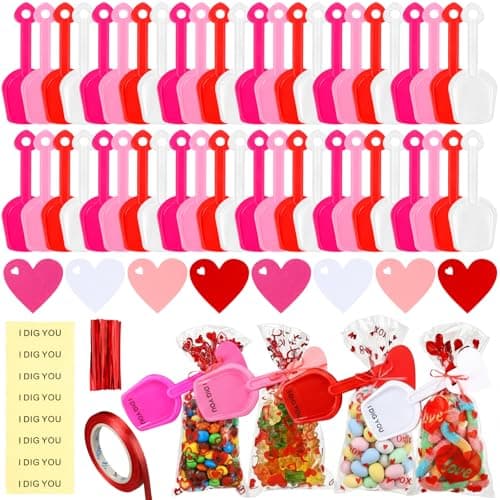 Glenmal 193 Valentines Day Plastic Shovels Toys with 48 Candy Bags 48 I Dig You Clear Stickers 48 Heart Gift Tags 1 Roll of Ribbon for Valentines Day Exchange Prizes Gifts Party Favors