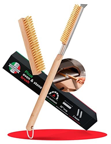 26” Pizza Oven Brush with Stone Scraper - Heat Resistant Stainless Steel Bristles, Extra Long Handle - Compatible with Ooni Ovens - Includes Spare Head